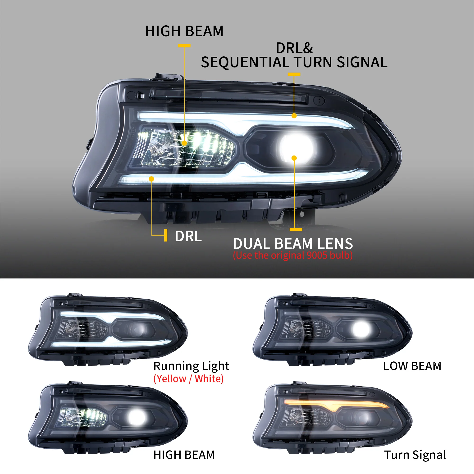 VLAND LED Headlights For 2015-2023 Dodge Charger Halogen Models - Image 3