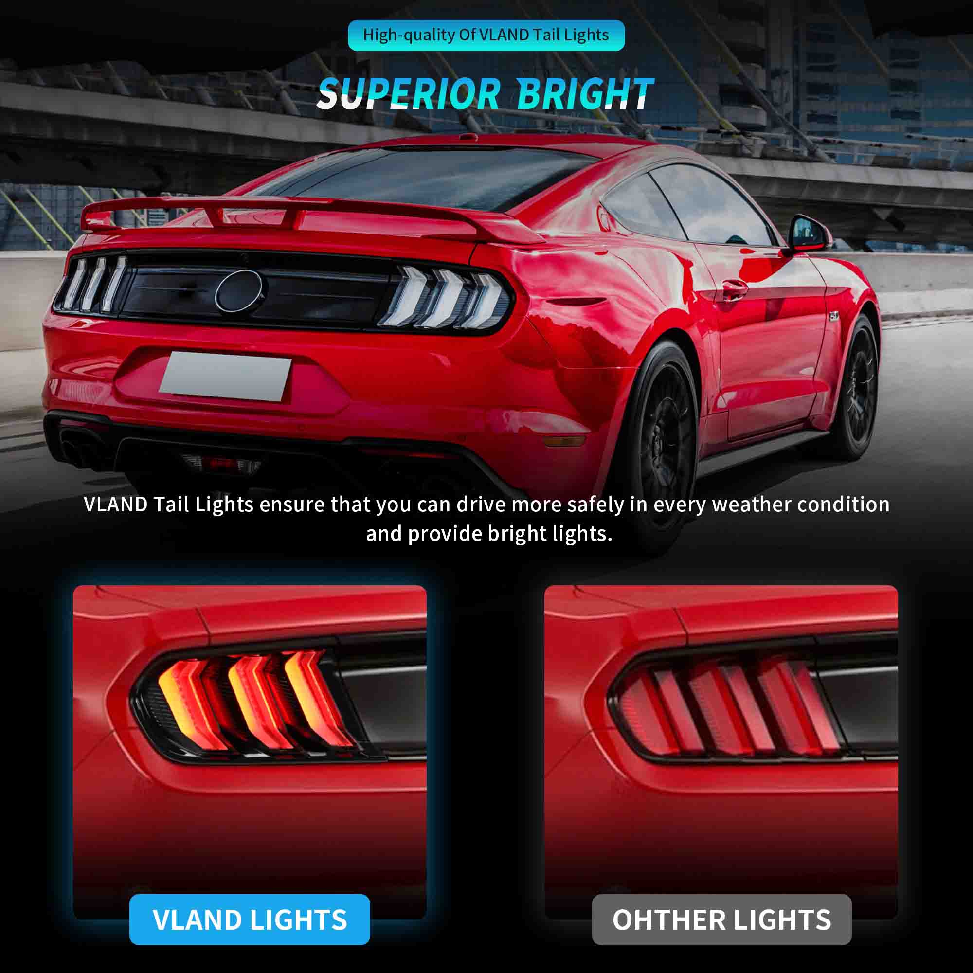 VLAND LED Taillights For 2015-2023 Ford Mustang USA Specs W/Red Turn Signal - Image 5